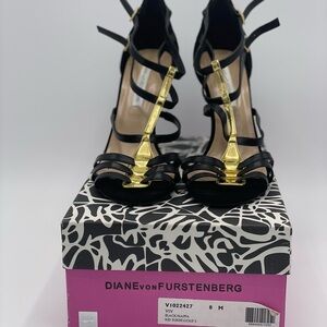 Diane Von Furstenberg Strappy Black and Gold Heels